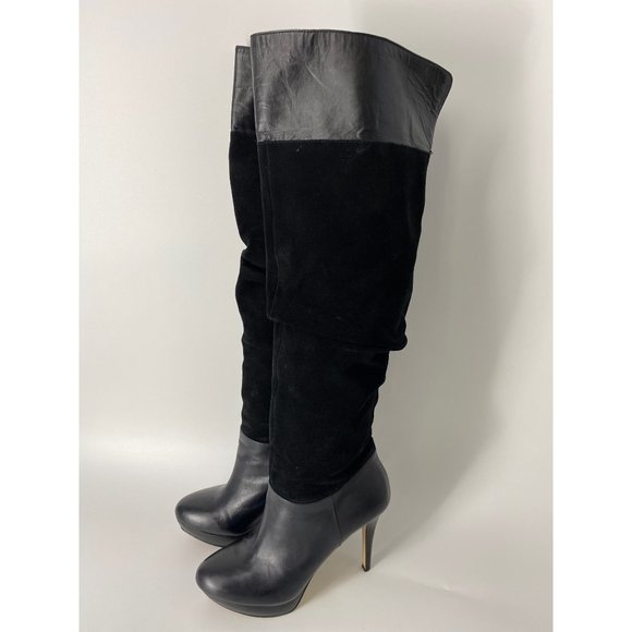 INC International Concepts Kenya Black Platform Leather and Suede Knee High Boot - Picture 1 of 7